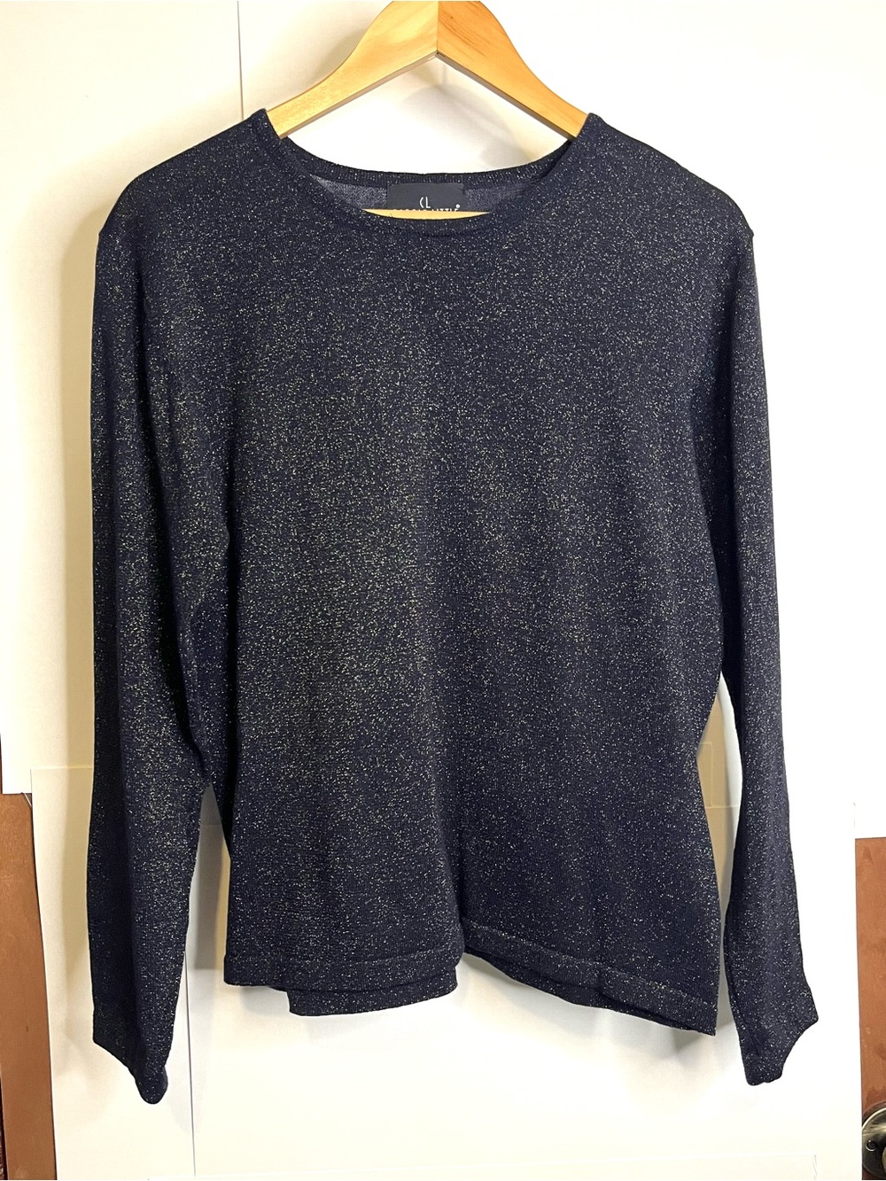 Carole Little Sport (VTG L, Fits M) Black Cotton Blend Knit Top w/ Shimmer